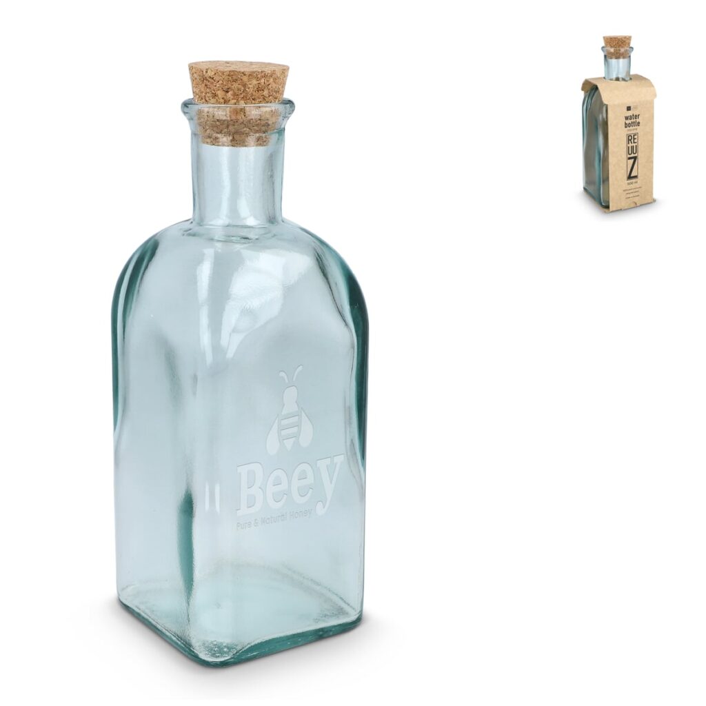InSideOut InSideOut Vierkante Gerecycled glas Waterfles ReuuZ met kurkstop 500ml
