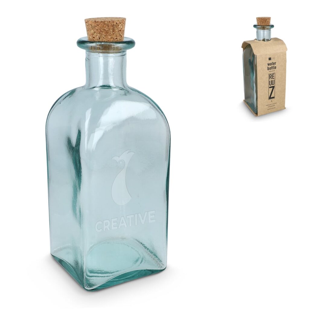 InSideOut InSideOut Vierkante Gerecycled glas Waterfles ReuuZ met kurkstop 1L