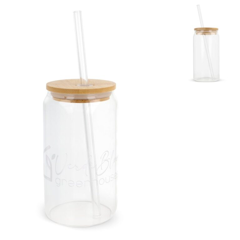Glas met bamboe deksel & rietje 450 ml