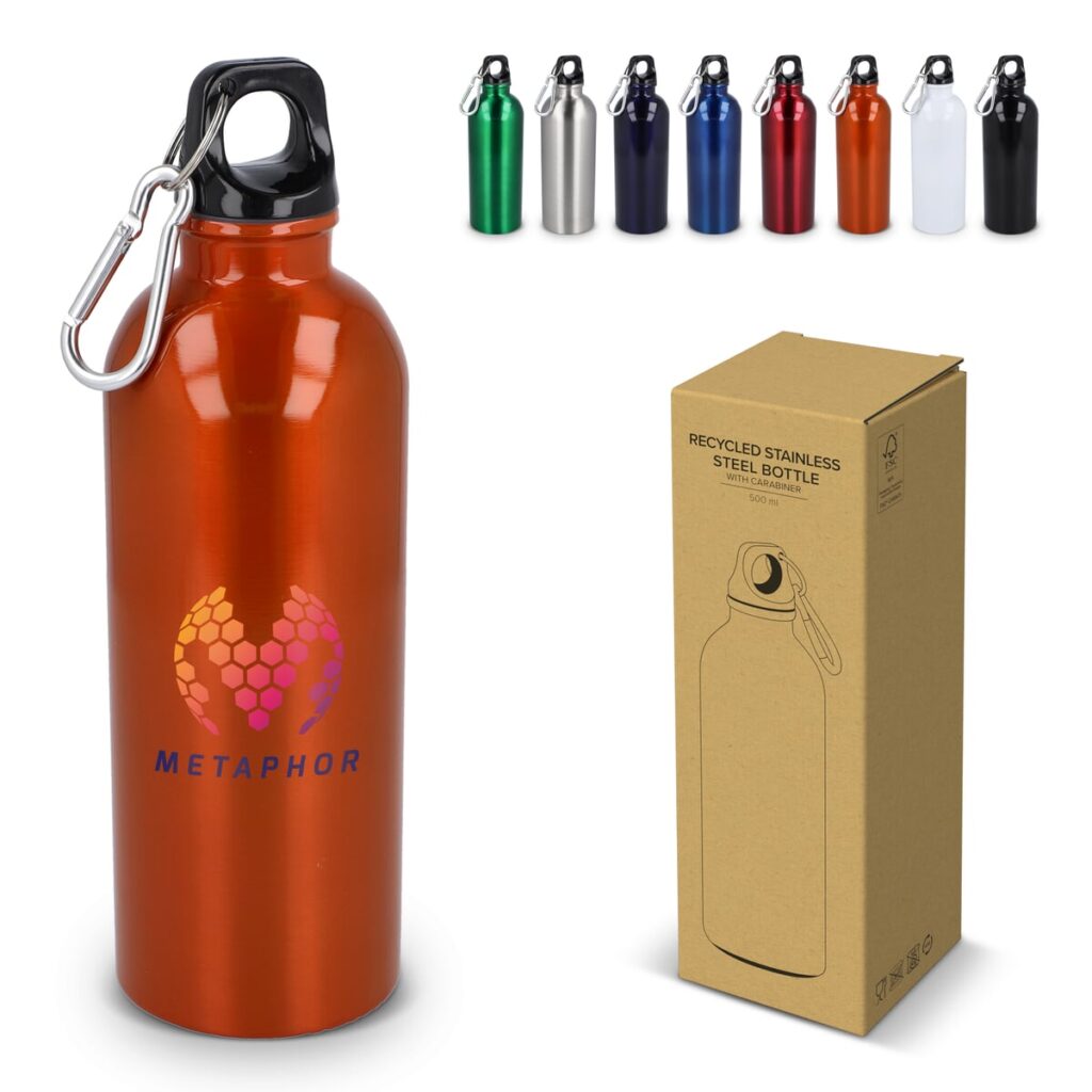 Gerecycled RVS Enkelwandige fles met Karabijnhaak 500ml
